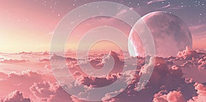  Background of a pink sky with a half moon, photo in pastel colors